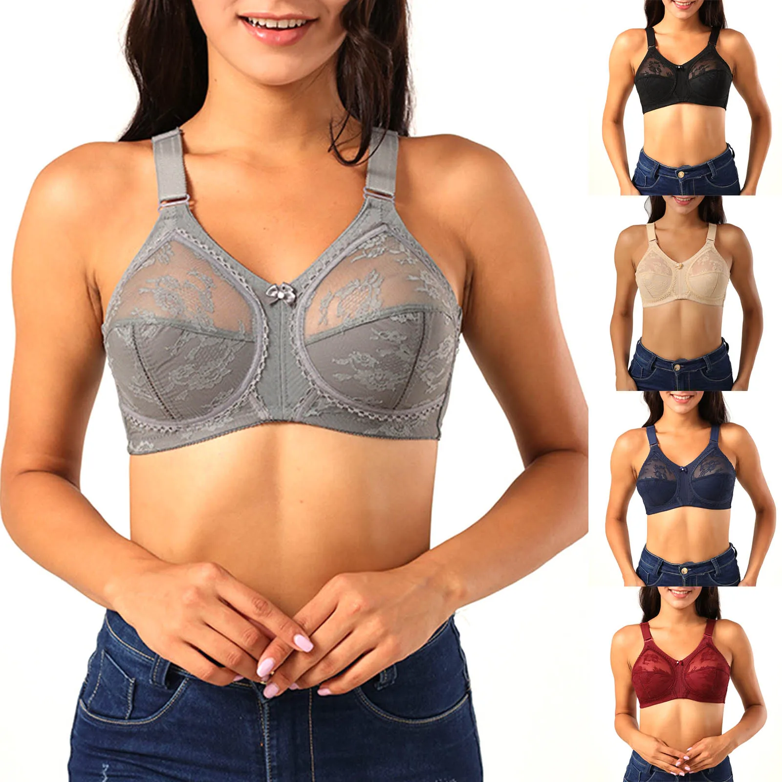 

Ladies Firm Support Non Wired Lace Transparent Non Padded Full Cup Bra Minimiser Hollow Bras Seamless Underwear