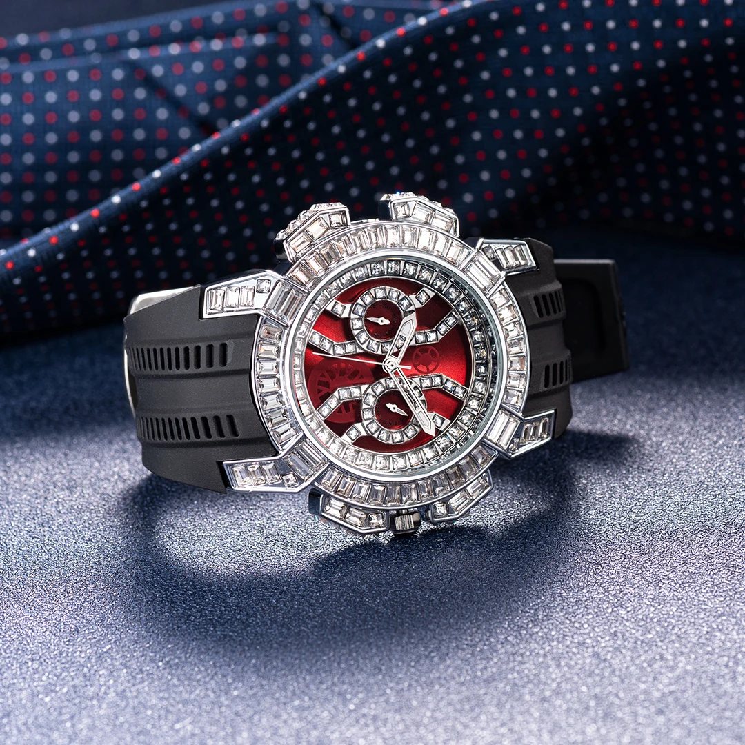 Hip Hop Watch For Men Unique 50mm Big Dial Rubber Strap Sport Watches Luxury Diamond Ice Out Watreproof Relogio Masculino 2023