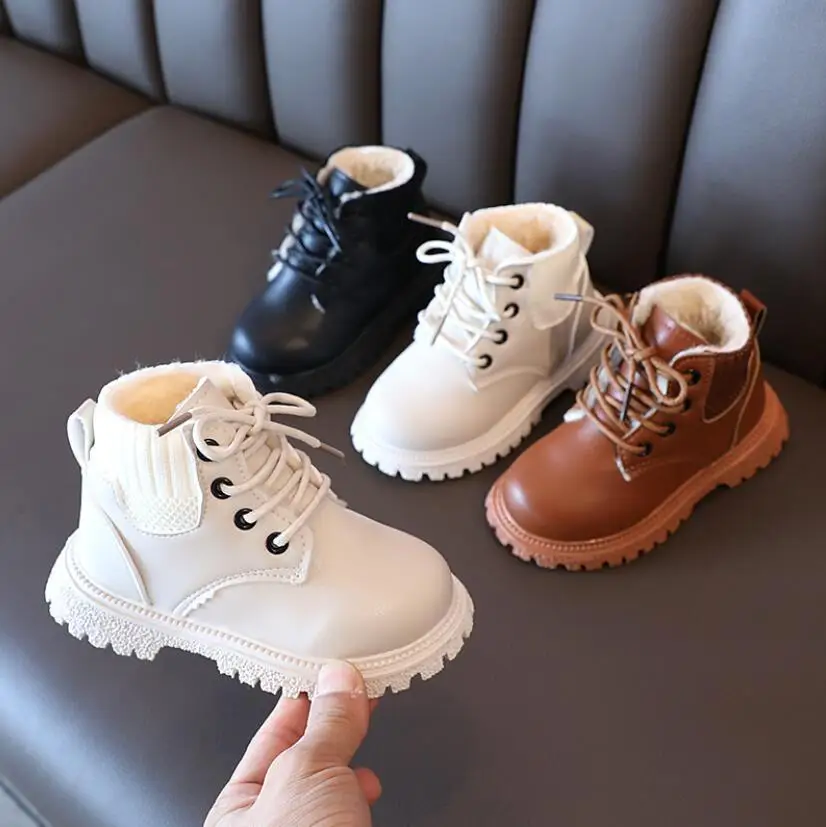 

2022 Autumn/Winter Children Boots Boys Girls Leather Martin Boots Plush Fashion Waterproof Non-slip Warm Kids Boots Shoes 21-30