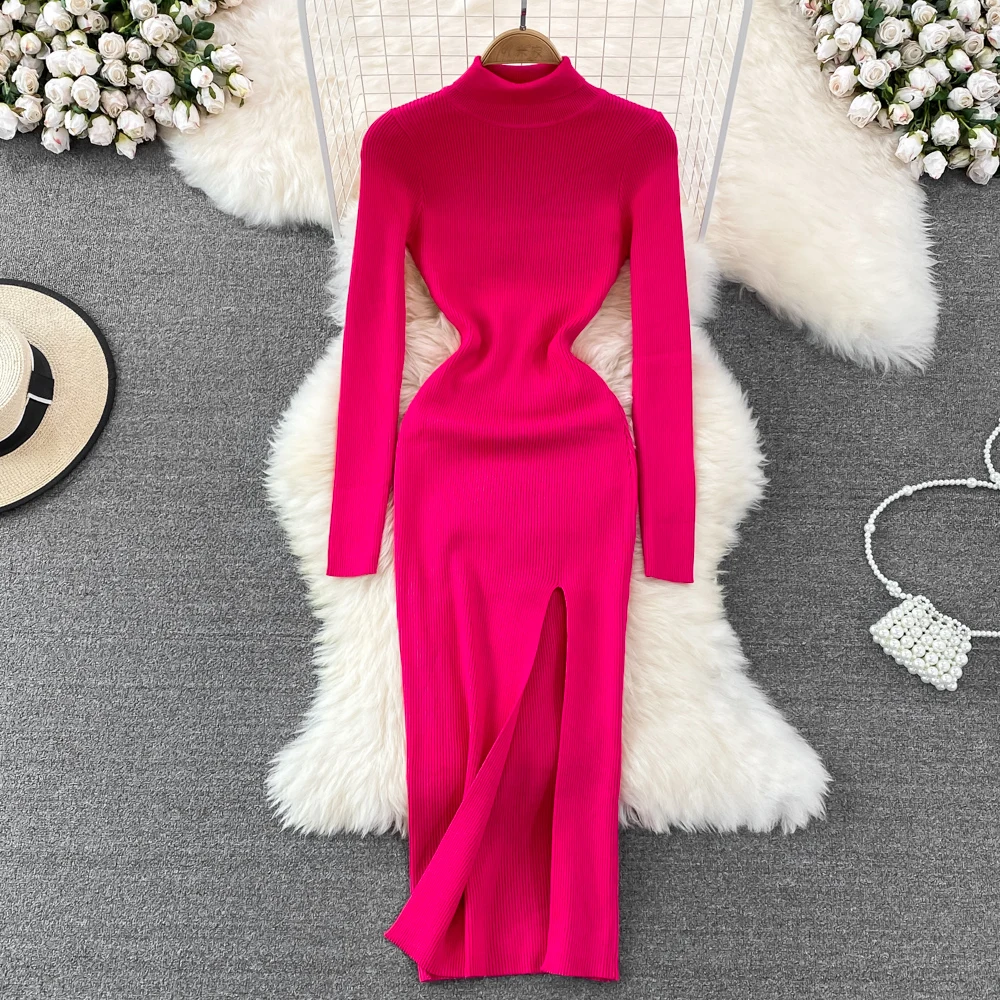 

Chic Elegant Turtleneck Slit Long Sleeve Bodycon Dress Sexy Fashion Knit Vestido Elastic Slim Autumn Winter Pencil Sweater Dress