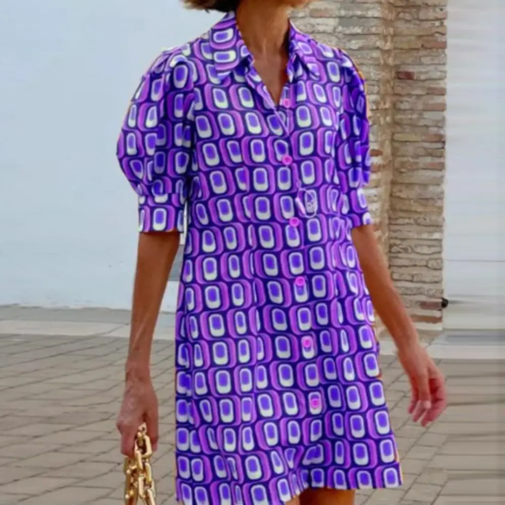 

Mini Dress Puff Sleeve Lapel Plaid Printing Button Placket Dress Up Soft Texture Women Half-Sleeve Swing Dress Clothes
