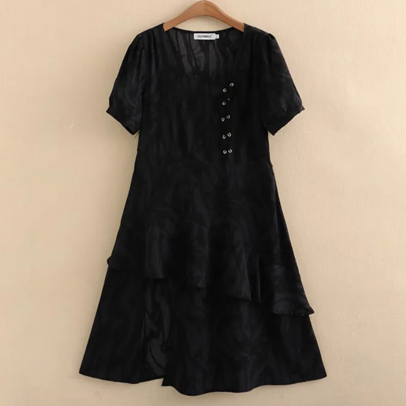 

Plus Size Dresses Women 2023 Summer Literary Style Ink Print Before Slit Cake Banding One-Piece Oversized Curve Clothes S6-5630