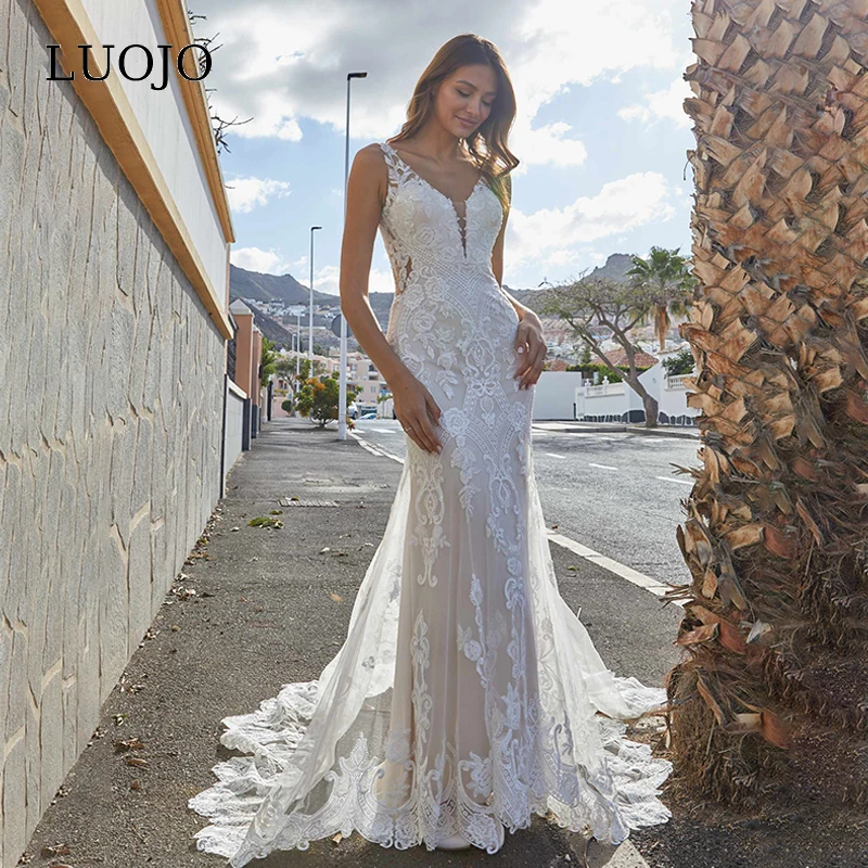 

LUOJO Lace Sleeveless Wedding Dress Mermaid V-neck Appliques Tea-length Bridal Gown For Women 2023 Vestidos De Novia Custom Made