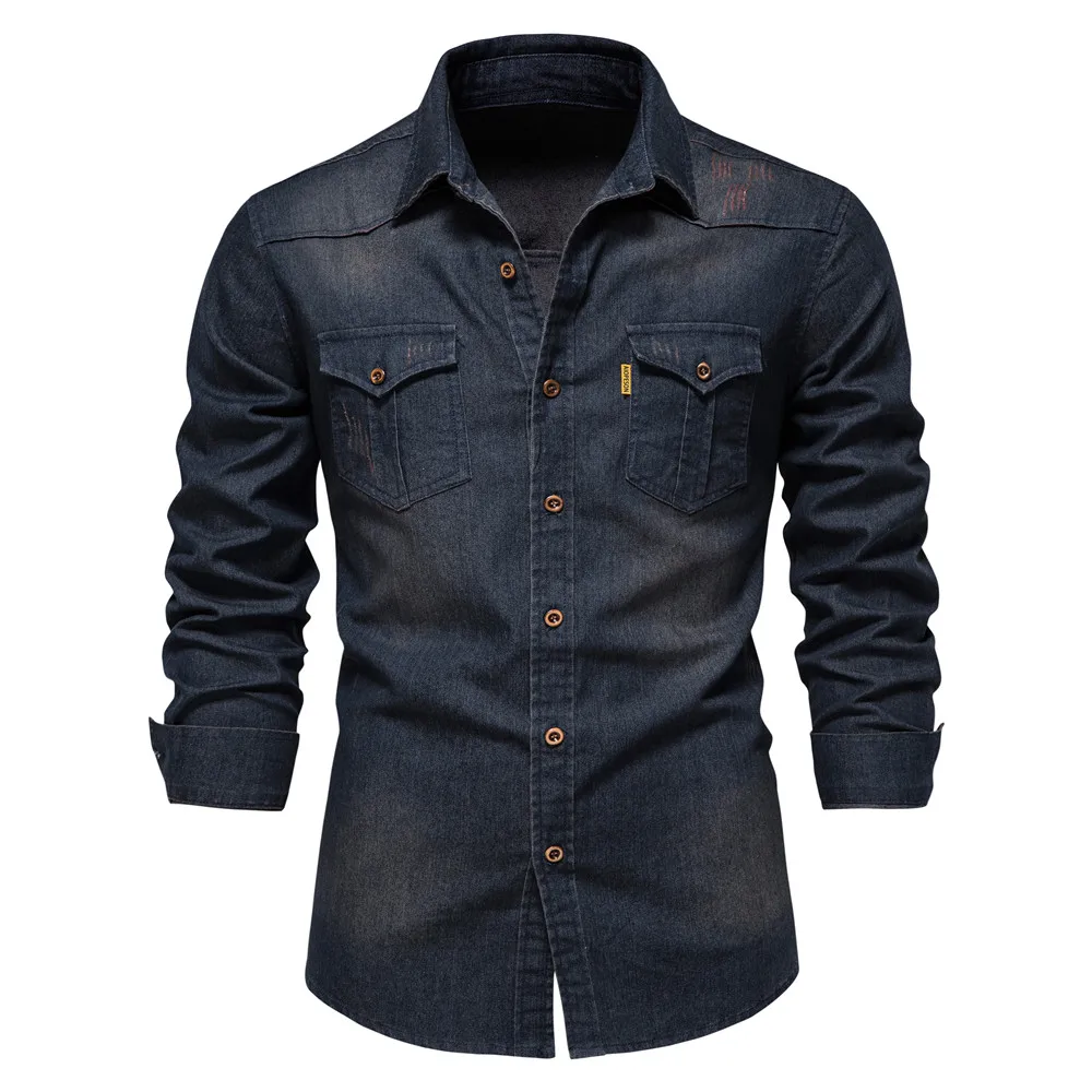 

Autumn Winter Men's Elastic Cotton Denim Shirts Men's Long Sleeve Denim Shirts Men's Casual Slim Men's Designer Clothing