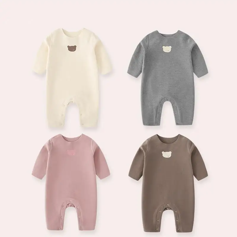 

2023 Unisex Baby Boys Girls Spring Fall Jumpsuits Kids Cartoon Bear Printed Plain Rompers Children Cotton Pajamas Infant Outfits