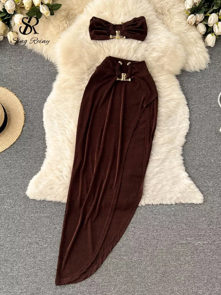 

SINGREINY Irregular Women Summer Sets 2022 Party Slim Solid Elastic Waist Split Sets Elegant Ladies Romantic Sexy Two Piece Sets