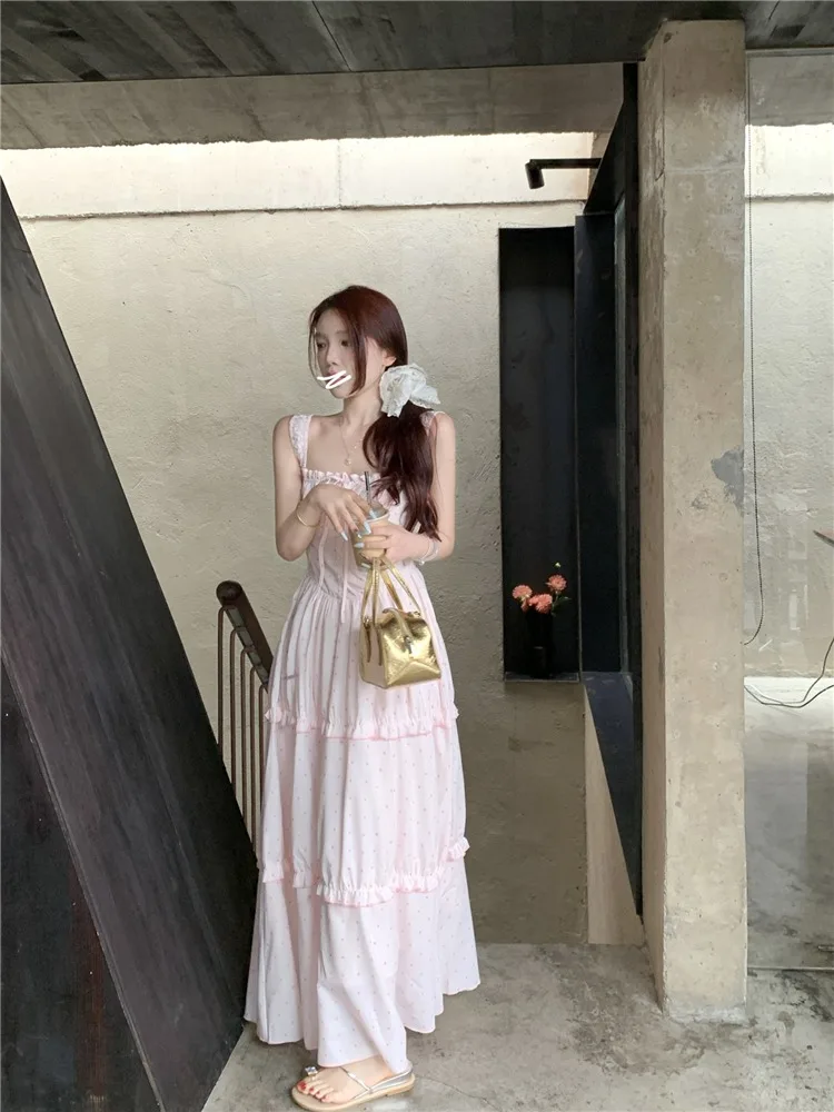 Teemo Girl Gyaru Fog Powder Tulip Pink Sling Dress Women Summer New Polka Dot Fairy Temperament Skirts |