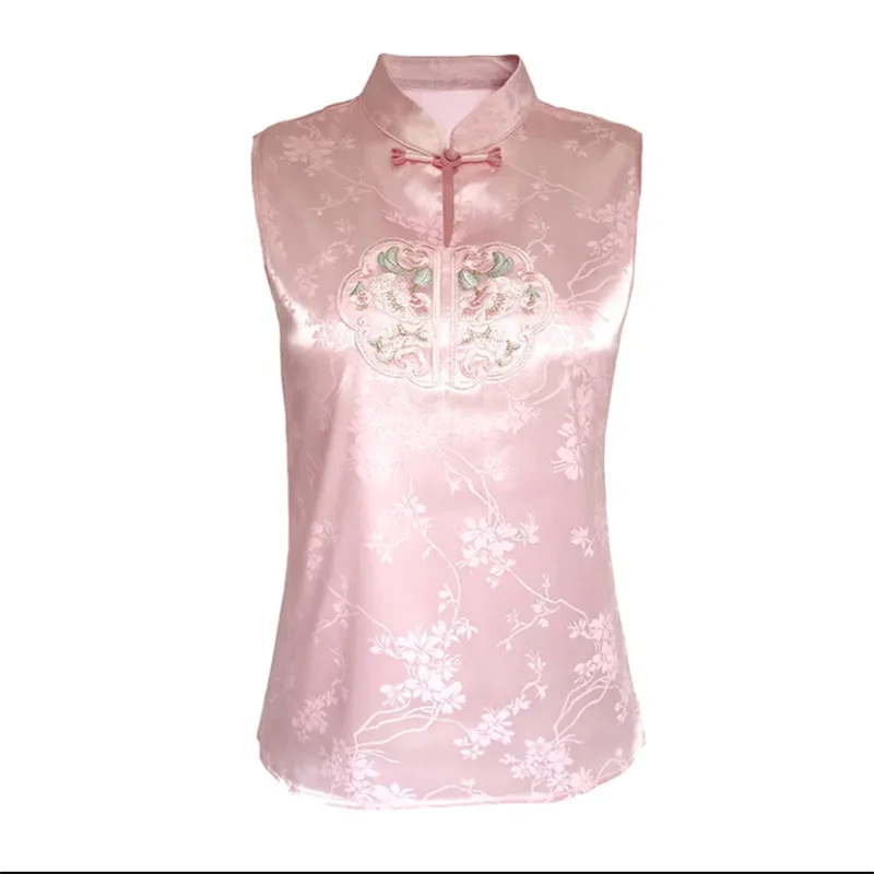 Майка женская атласная с вышивкой китайский топ-корсет винтажная рубашка без