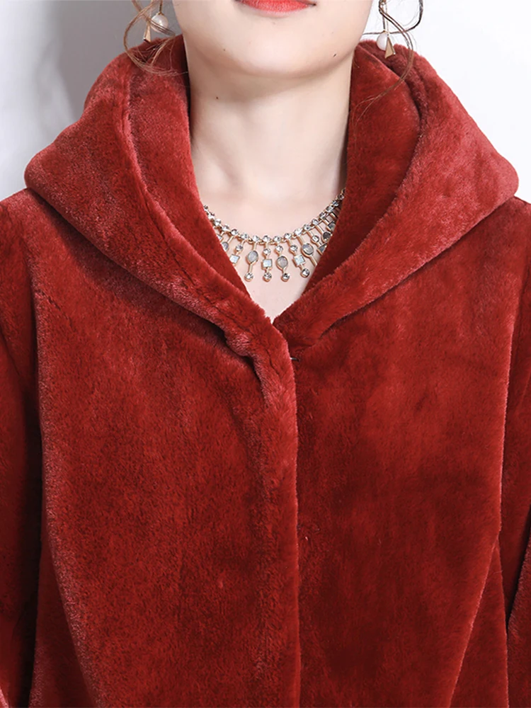 Nerazzurri Winter Women Faux Fur Coat with Hood Long Sleeve Red Black Warm Soft Plush Fluffy Jacket Casual Korean Style Fashion