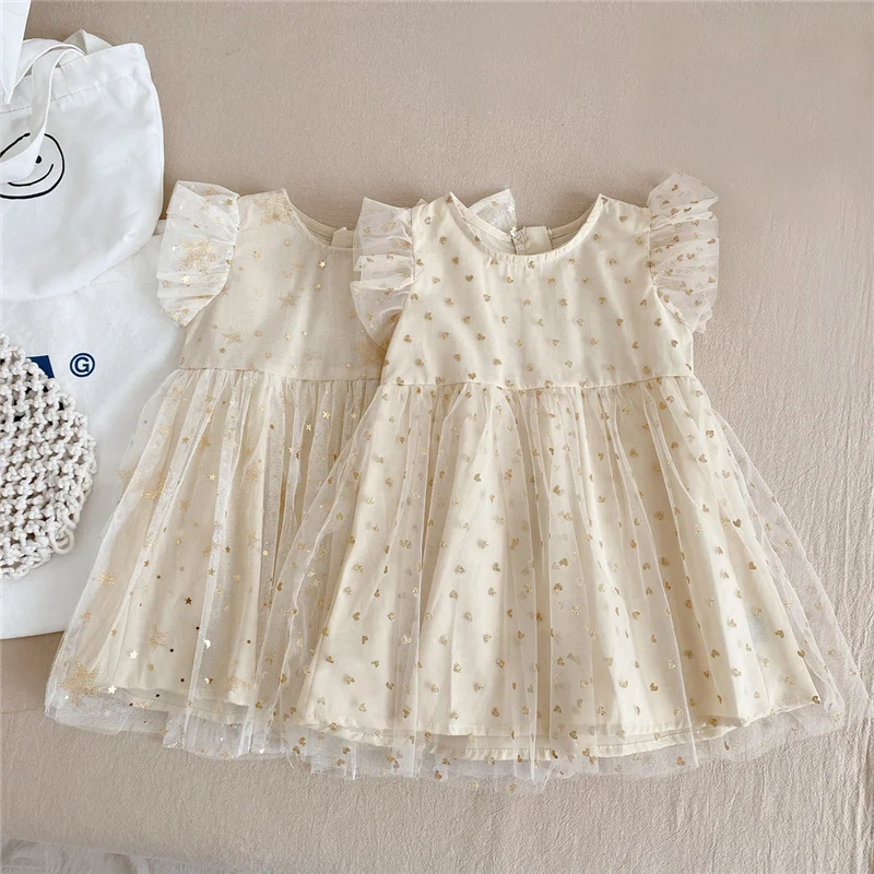 

Princess Baby Girl Dress Summer Kids Bright Apricot Mesh Dresses for Birthday Party Children's Wedding Party Outfits