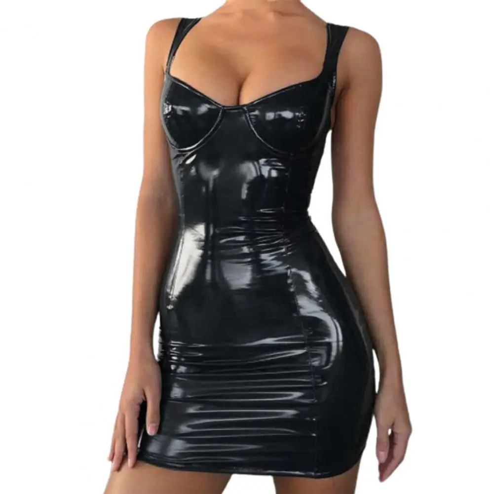 

Women Summer Dress Faux Leather Solid Color V Neck Sling Off Shoulder Waist Tight Slim-fitting Bodycon Dresses for women 2022