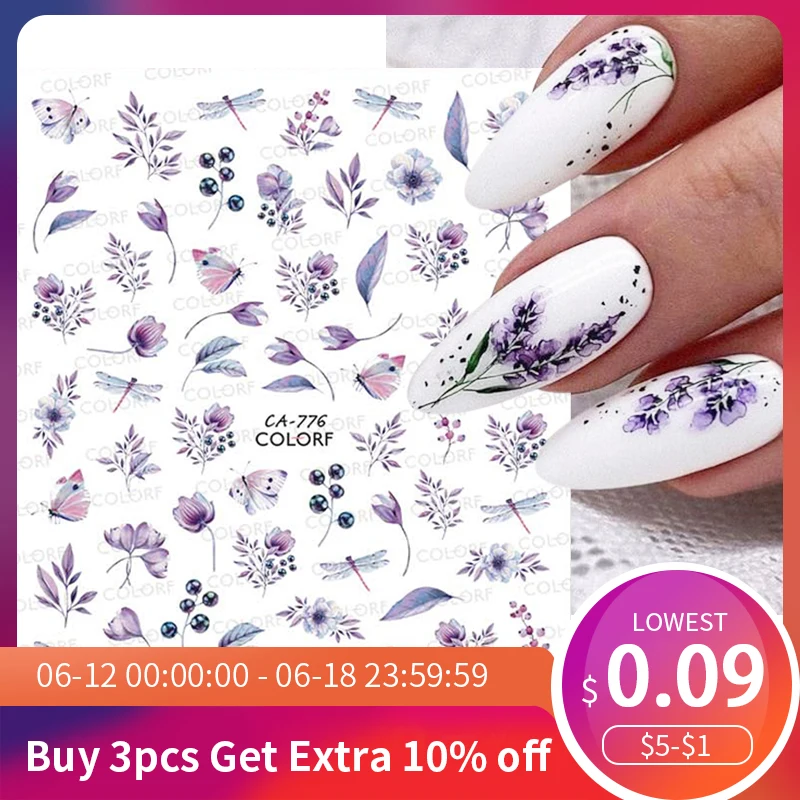 Purple Flower 3D Nail Stickers Green Leaf Floral Cherry Spring Nail Art Water Decals Sliders Manicure Butterfly Nail Tips Decor
