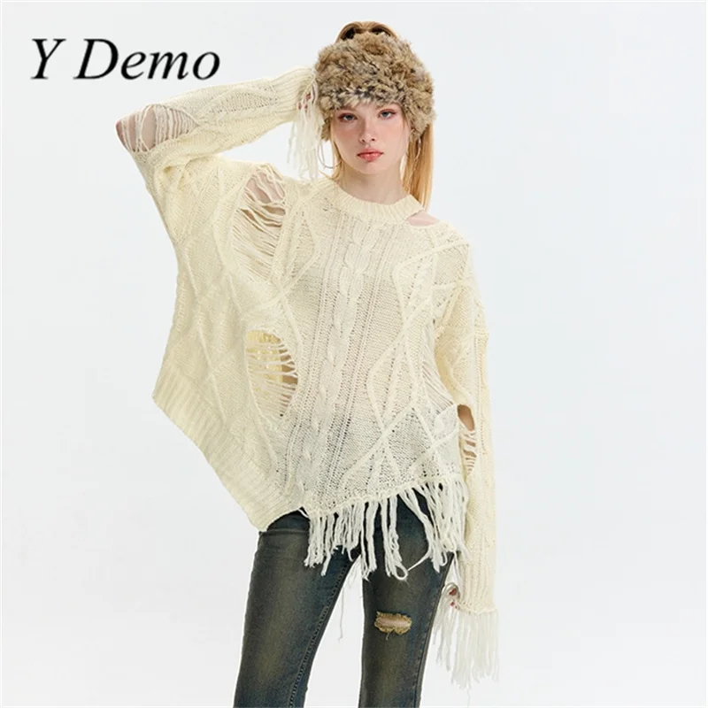 

Y Demo Hollowed Out Loose O-neck Sweater Long Sleeve Frayed Holes Tassel Knitted Pullover