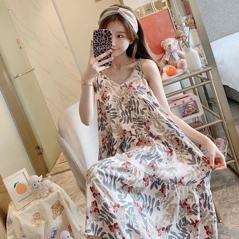 Night Gown Summer Nightwears For Ladies Sexy Nightdress Sling Cotton Silk Sleep Dress Women