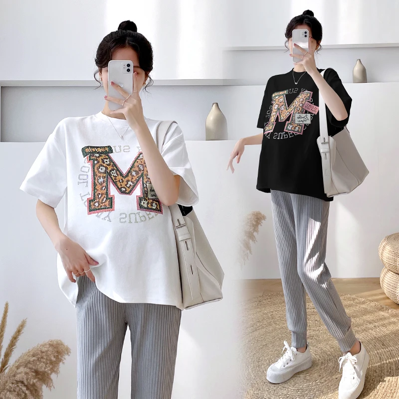 

3312# 2022 Summer White Cotton Maternity Tees Loose T Shirt Clothes for Pregnant Women Casual Pregnancy Tops