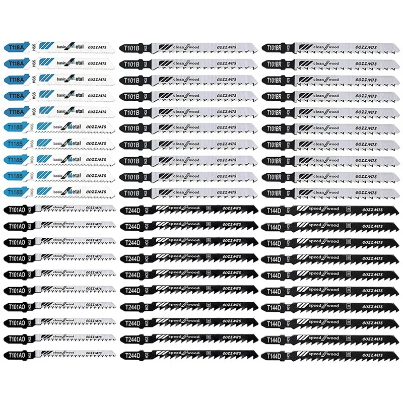 

Jigsaw Blades T-Shank 60PCS, Assorted Jig Saw Blades For Wood Plastic Metal Cutting, T118A/B T101AO T101B/BR T144D T244D