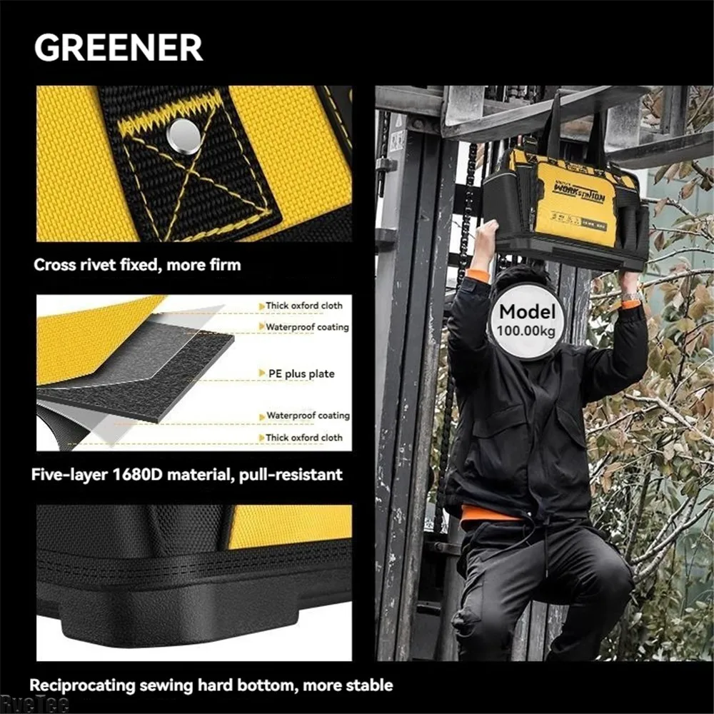 Фото GREENER 2025 НОВАЯ сверхмощная сумка для инструментов 1680D с плечевым ремнем для электрика, сумка-органайзер для инструментов, мужской подарок №5