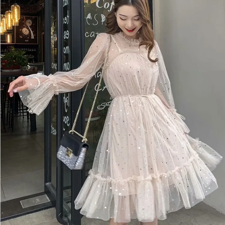 

2021 New Elegant Women Stars Sequined Mesh Shiny Fairy Dress New Female O-neck Bling Gauze Party Sweet Princess Puff Dresses