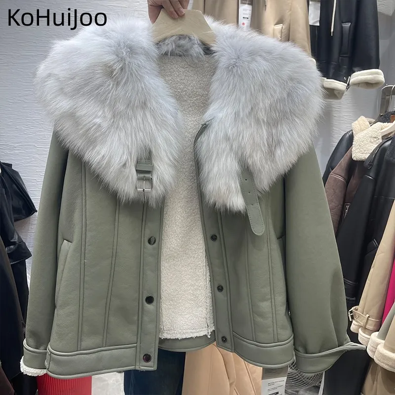 KoHuiJoo Fox Fur Collar Shearling Outerwear Women 2022 Winter Fleece Motorcycle PU Leather Jacket Thick Warm Woman Fur Coat