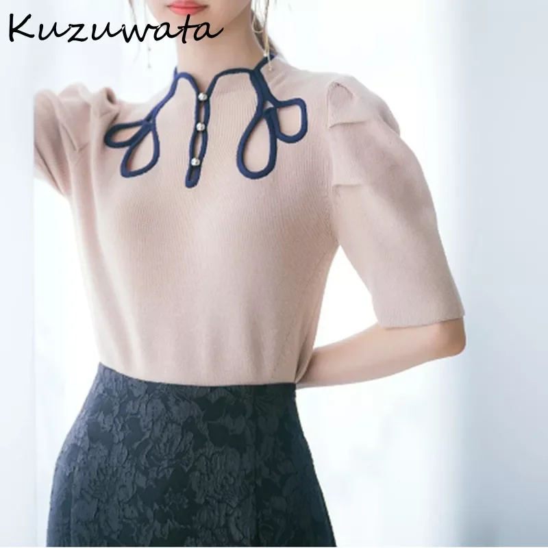 

Kuzuwata 2022 Summer New Arrival Pullover Solid Color Slim Button Hollow Out Puff Sleeve Knitted Top Japanese Sweet Jumpers
