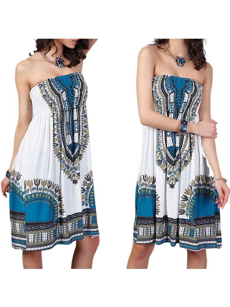 Boho летние женские сексуальное платье с печатным рисунком без бретелек