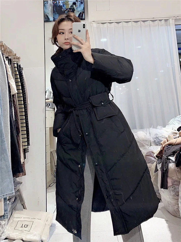 New 2023 Winter Fashion Duck Down Coat & Jacket for Women Stand Collar Turtleneck Long Parkas Yellow Cream Black Windbreaker XXL