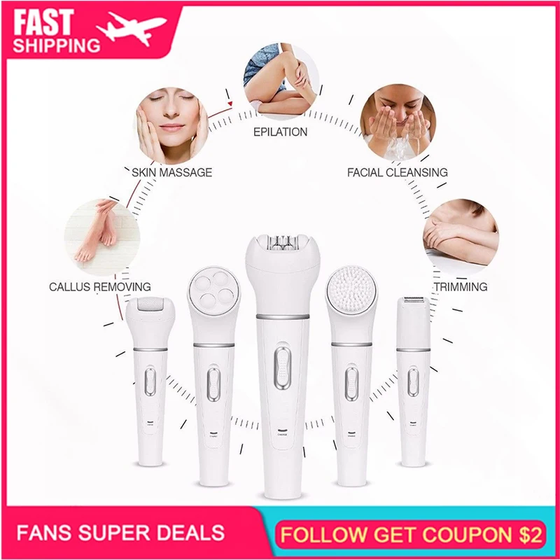 

5-In-1 Cleaning Brush Face Body Cleaning Tool Electric Facial Cleanser Epilator Shaver Massager Exfoliating Tool