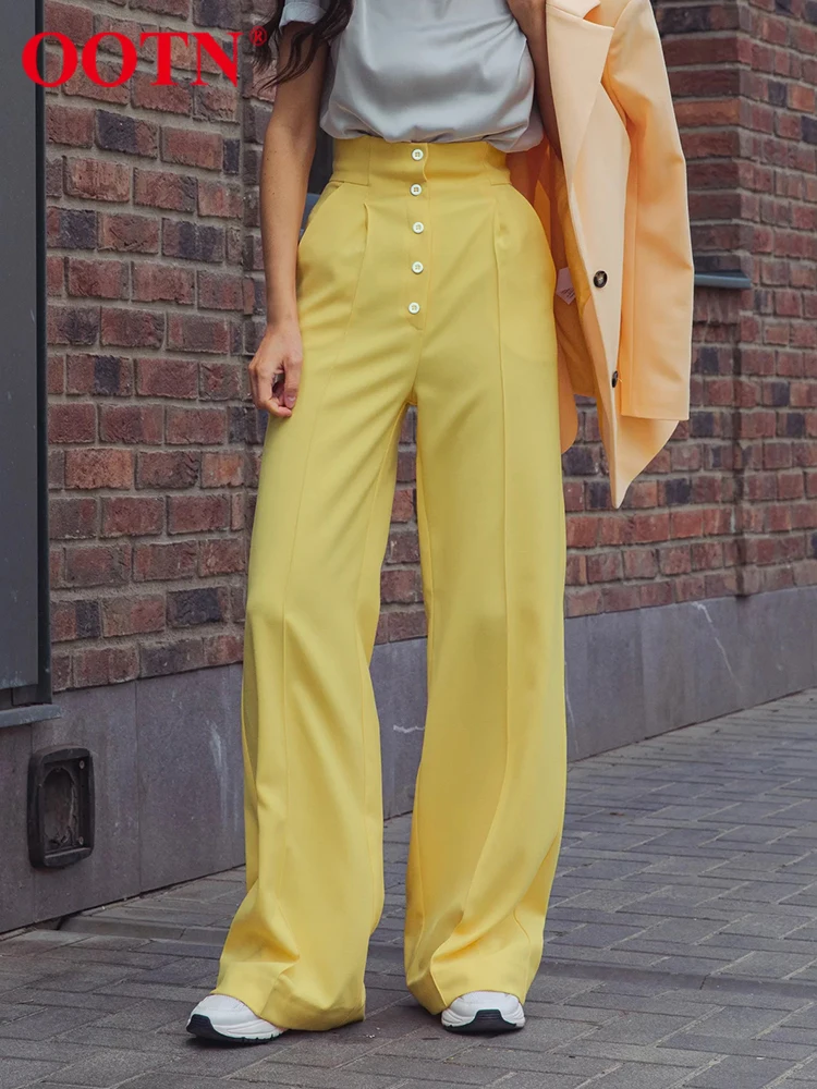 

Женские однобортные офисные брюки OOTN, желтые брюки до пола, универсальные модные брюки с широкими штанинами, 2022