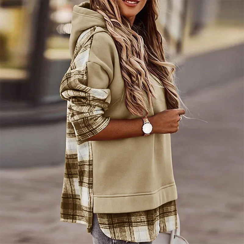 

Fall/Winter Casual Plaid Print Hoodie Sweatshirt Long Sleeve Soild Streetwear Ladies Fashion Plaid Hooded Pullover Streetwear