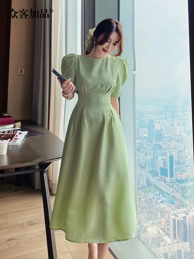 

Женское шифоновое платье средней длины, элегантное платье средней длины с круглым вырезом и рукавами-фонариками в Корейском стиле, лето 2023