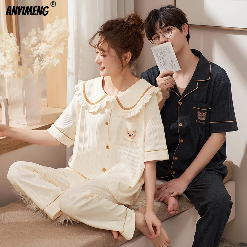 

New Fashion Couple Knitted Cotton Pajamas Kawaii Bear Printing Turn-down Collar Sleepwear Comfortable Loungewear for Lovers