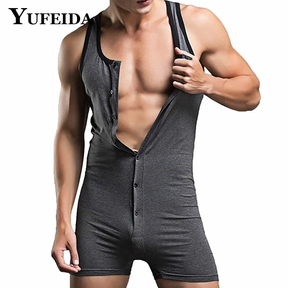 YUFEIDA 2023 Sexy Pajamas Jumpsuit Men's Solid Color Tight Button Up Sleeveless Boxers Bodysuits Male One-piece Tank Top Rompers
