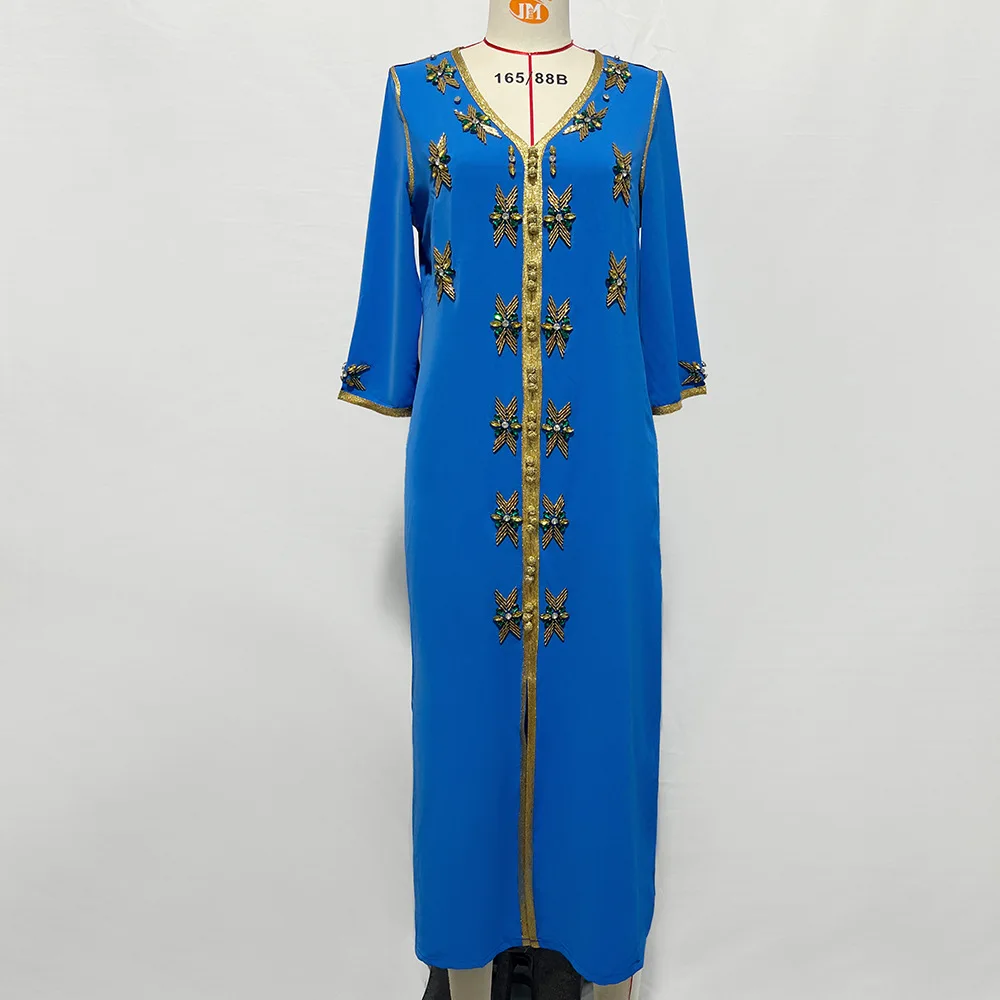 

Eid Abaya Muslim Fashion Dress Moroccan Kaftan for Women Handsewn Rhinestone Gold Trim Party Gown Robe Arab Dubai Turkey Clothes