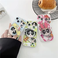 creative powerpuff girls with phone holder clear silicon phone case for iphone xr xs max 8plus 11 12 13mini 13 pro max cover