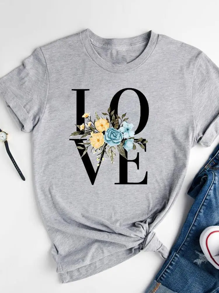 

Love Floral Lovely Flower Trend Fashion Casual Tee Summer Short Sleeve Printed Clothes Women Clothing Female T Graphic T-shirts