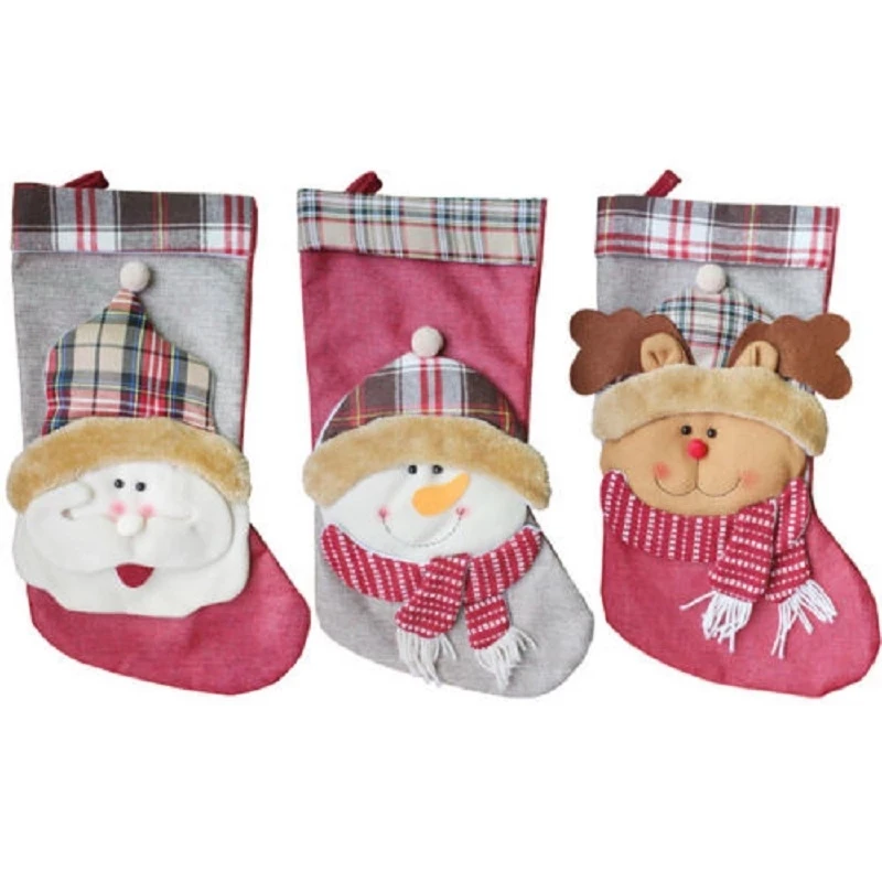 

Christmas Stockings Hanging Ornaments, Creative Plaid Elk/Snowman/Santa Claus Candy Snack Gift Bag Festival Decorative Props