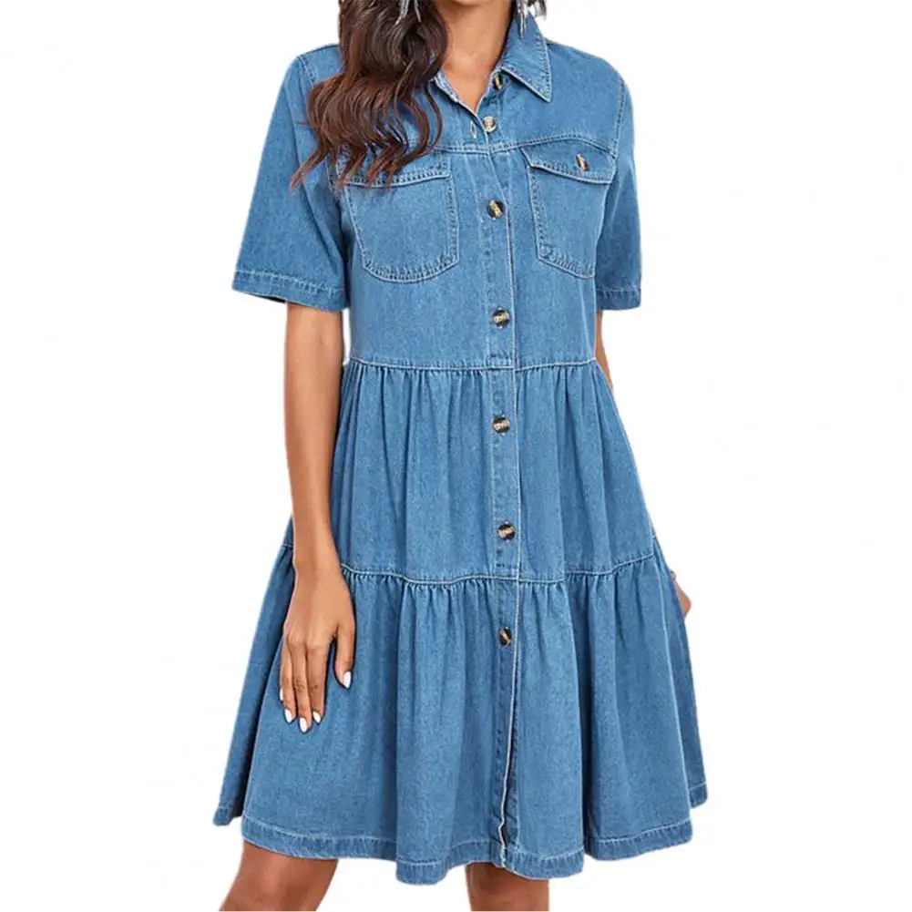 

Summer Shirt Dress Women Solid Color Above-knee Loose Lapel Casual Short Sleeve Pocket Denim Dress Party