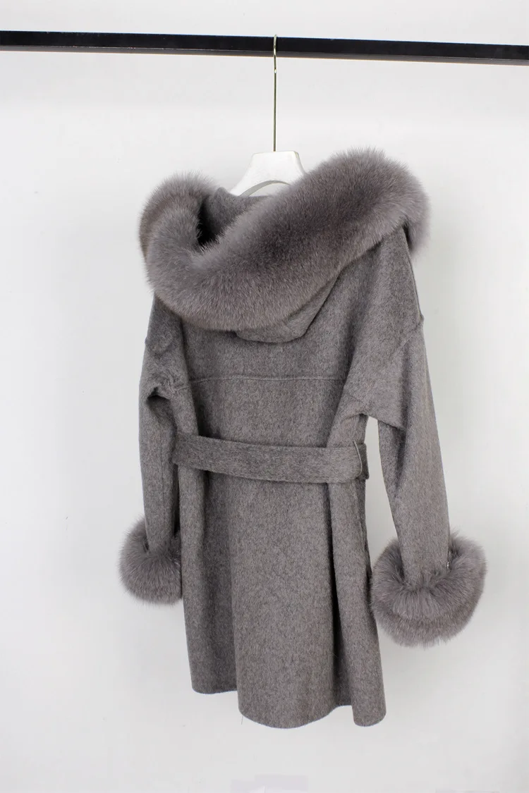 Winter Women Jacket Long Real Fur Coat Loose Cashmere Wool Blends Fashion Streetwear Natural Fox Fur Collar Hood with Belt enlarge