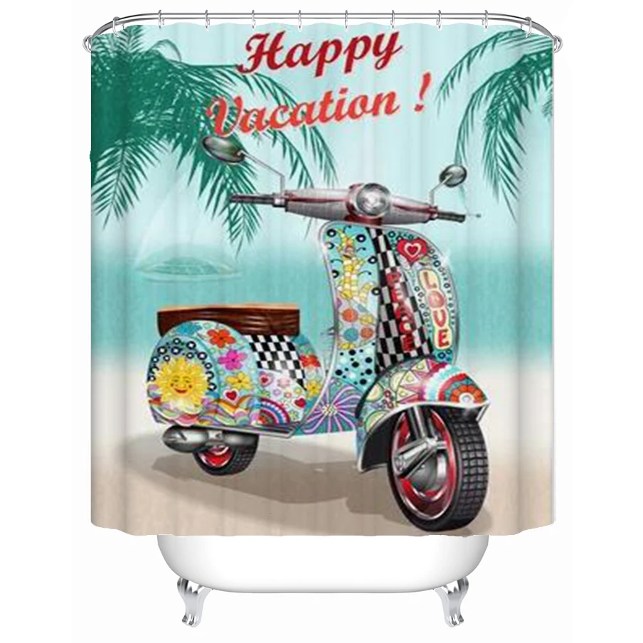 

Happy Vacation Poster Shower Curtain Vintage Hippie Scooter Printing Curtains Fabric Bathroom Curtain With Hooks Waterproof