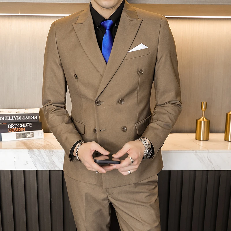 

Double Breasted Tuxedo Suit Men Business Work Wedding Formal Sets Jacket with Pant Slim Fit Korean Casual Clothing Costume Homme