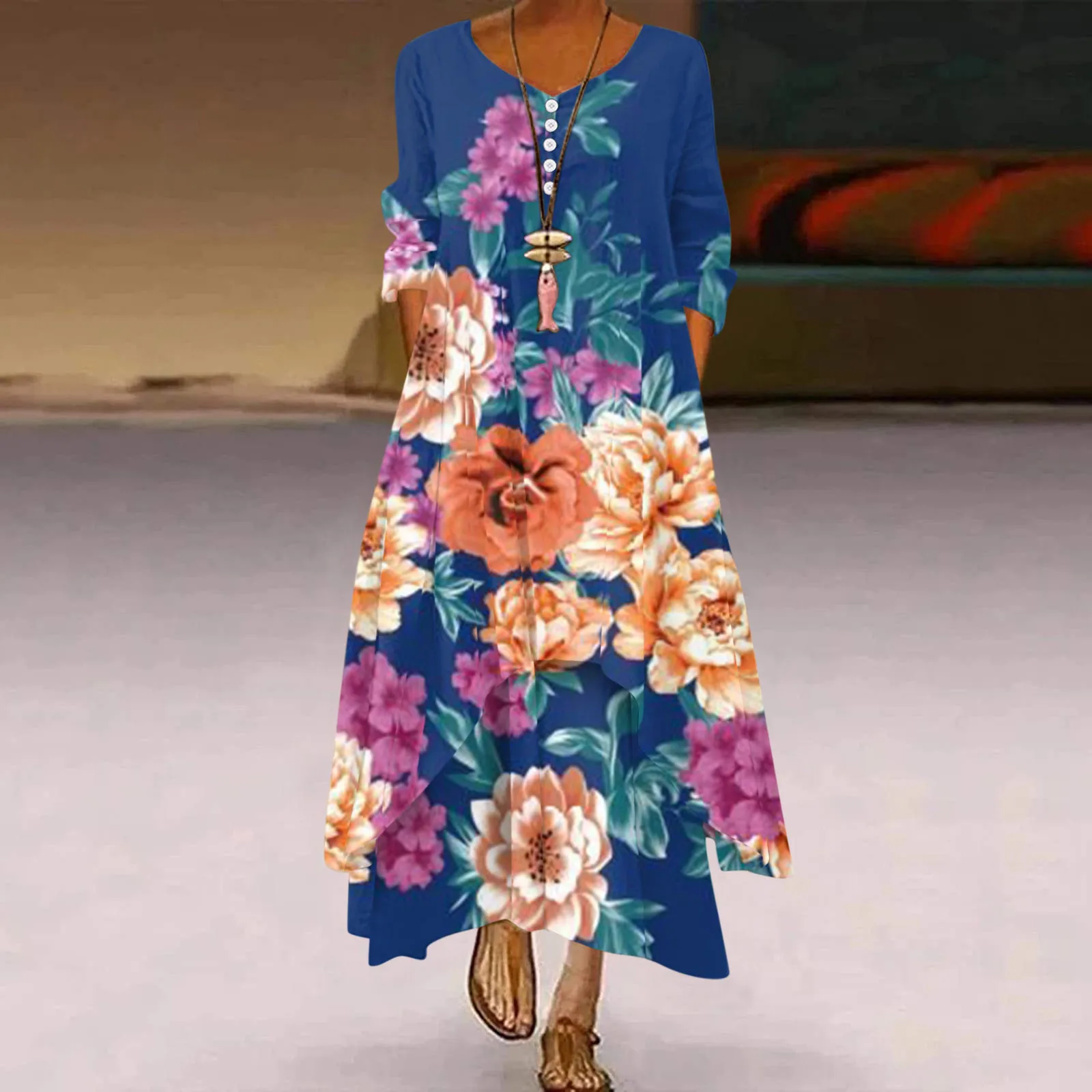 

Women Floral Print Half Sleeve Elegant V Neck Casual Loose Maxi Dress