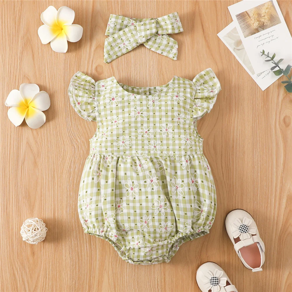 

4 Color Newborn Baby Girl Cute Short Sleeve Romper Casual Floral Print Ruffle Bodysuits + Headband Summer Infant Kids Clothes