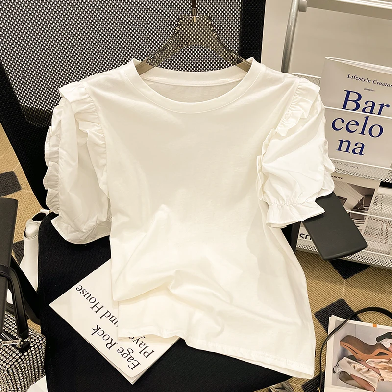 

SuperAen 2022 летние свободные повседневные однотонные женские футболки с рукавами-фонариками и круглым вырезом, подходящие ко всему