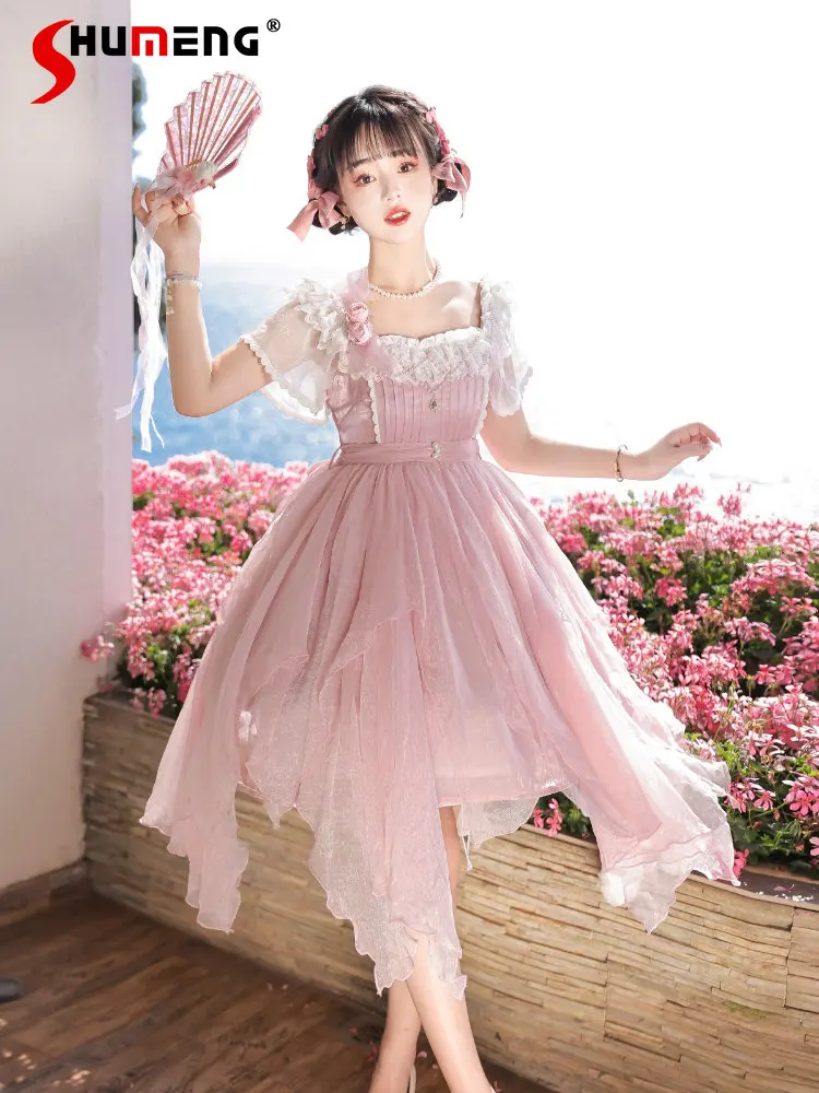 Lolita Asymmetric Floral Fog Birthday Pink Dress Princess Sweet Summer Fairy Lace Edge Short Sleeve Dresses Vestidos Femininos