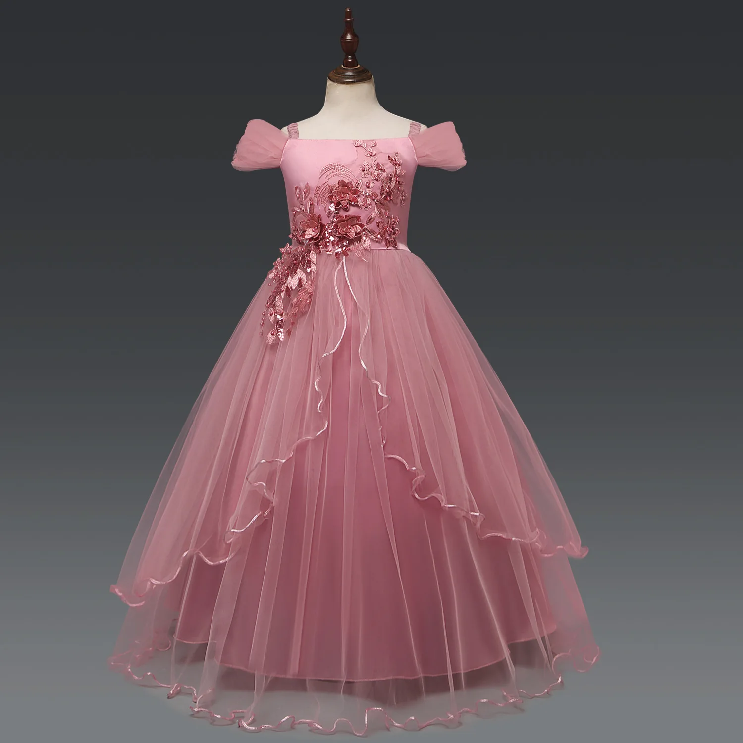 

2021 New Girls Sleeveless Embroidered Flower Bow Princess Dresses Kids Elegant Party Prom Ball Dresses Kids Clothing 5-14 Years