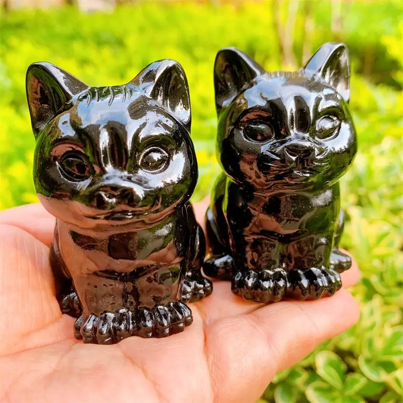 

7CM Natural Black Obsidian Cartoon Cat Crystal Animal Beautiful Gemstone Crafts For Fengshui Home Decoration Collection 1pcs