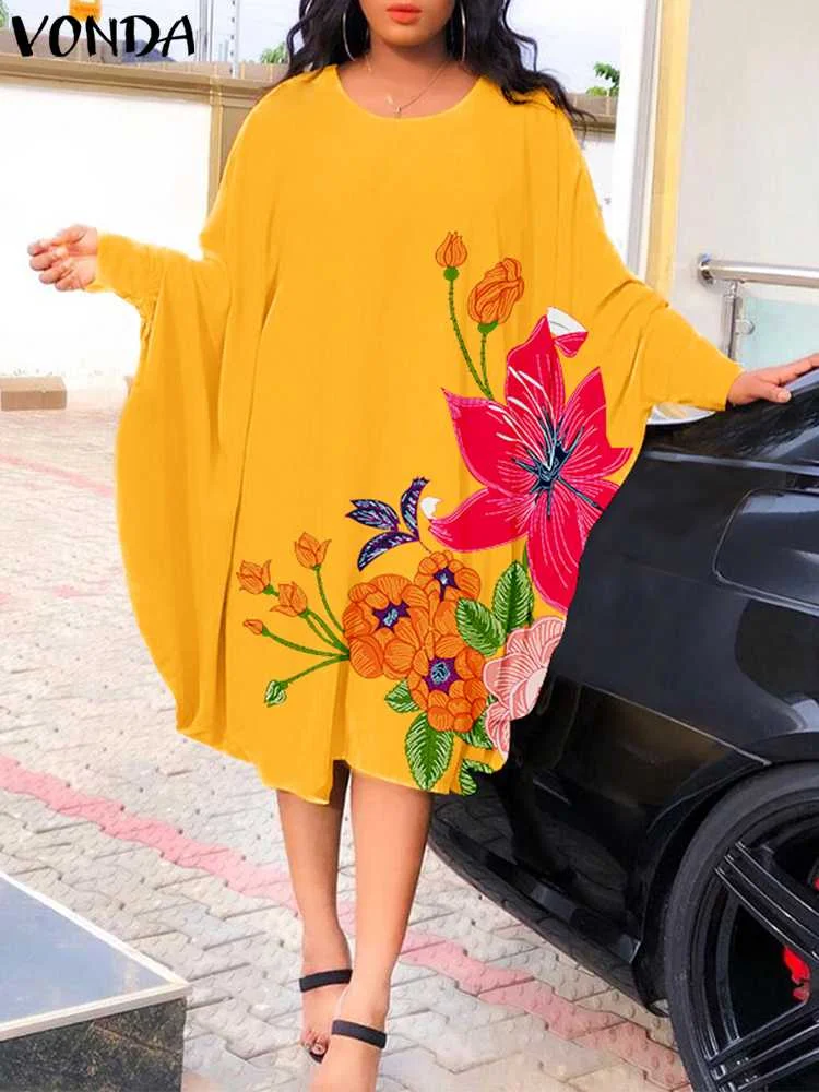 

VONDA 2022 Oversize O Neck Printed Baggy Dress Elegant Women Fashion Robe Long Sleeve Pleated Sundress Bohemian Loose Vestido
