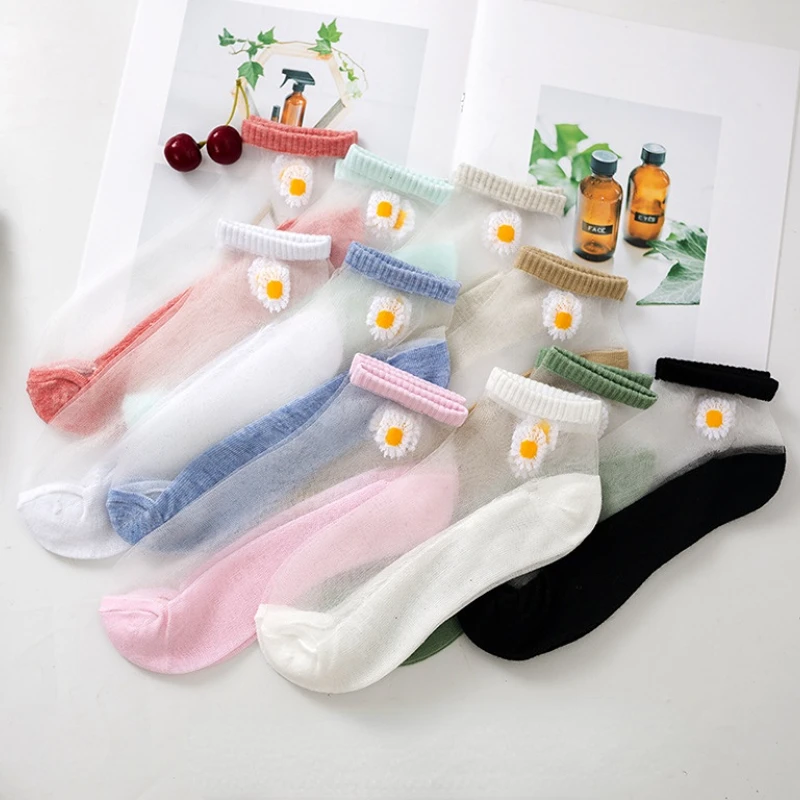 10Pairs/Lot Summer Woman Silk Socks Ankle Lace Ultra-thin Girl’s Transparent Glass Fiber Fashion Daisy Flower Cute Style