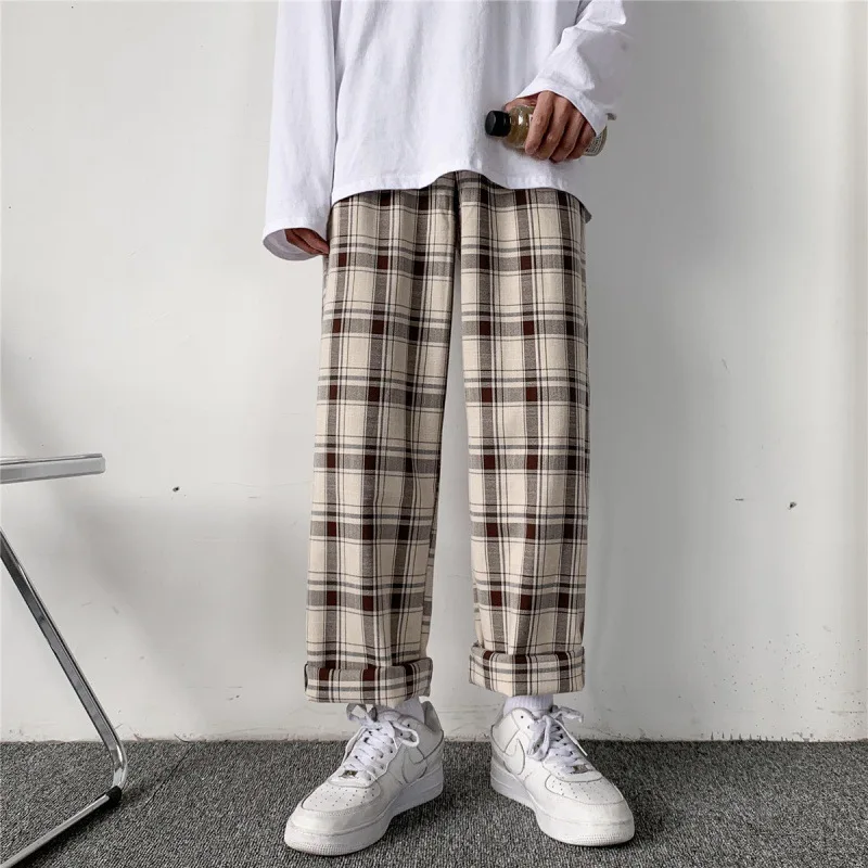 

Men Pants Plaid Loose Comfortable Retro Casual All-match Elastic Waist Chic Wide Leg Trousers Fashion Streetwear Korean Style