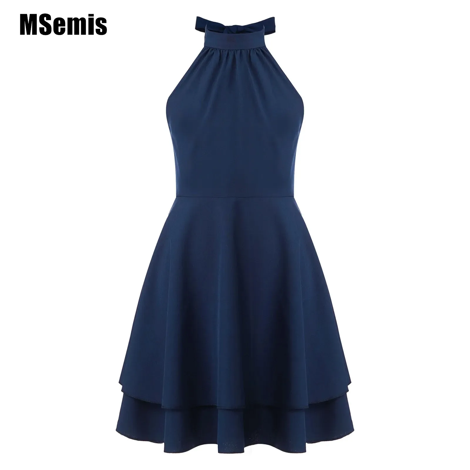 

Kid Girls Casual Solid Color Dress Halter Tie Sleeveless Open Back Tiered Hem A-Line Dress for Vacation Daily Wear